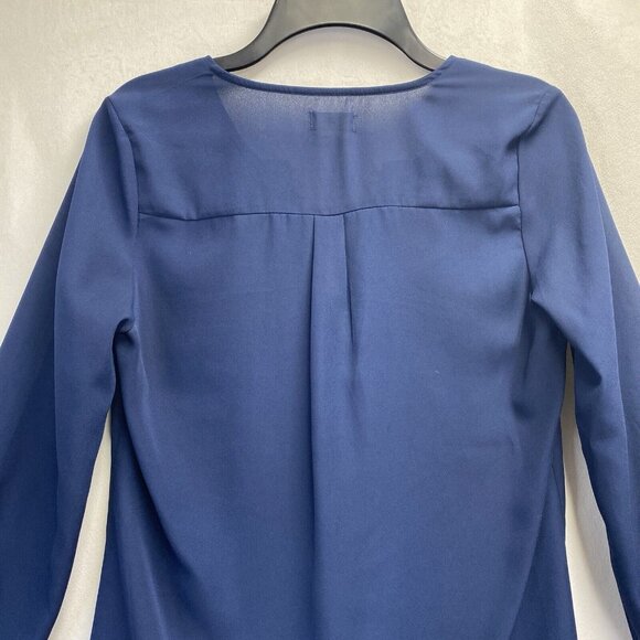TOBI Semi Sheer Slit Crew Neck Long Sleeve Blouse Women Small Navy Hi-Lo Hem - Picture 13 of 16